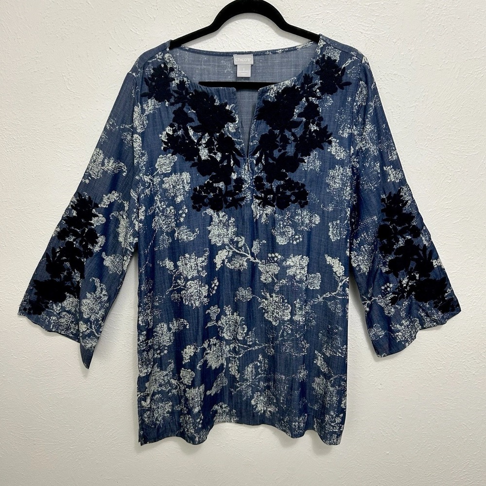 Chico's Blue Denim Floral Embroidered 100% Tencel Tunic Size 2 /L Boho Coastal